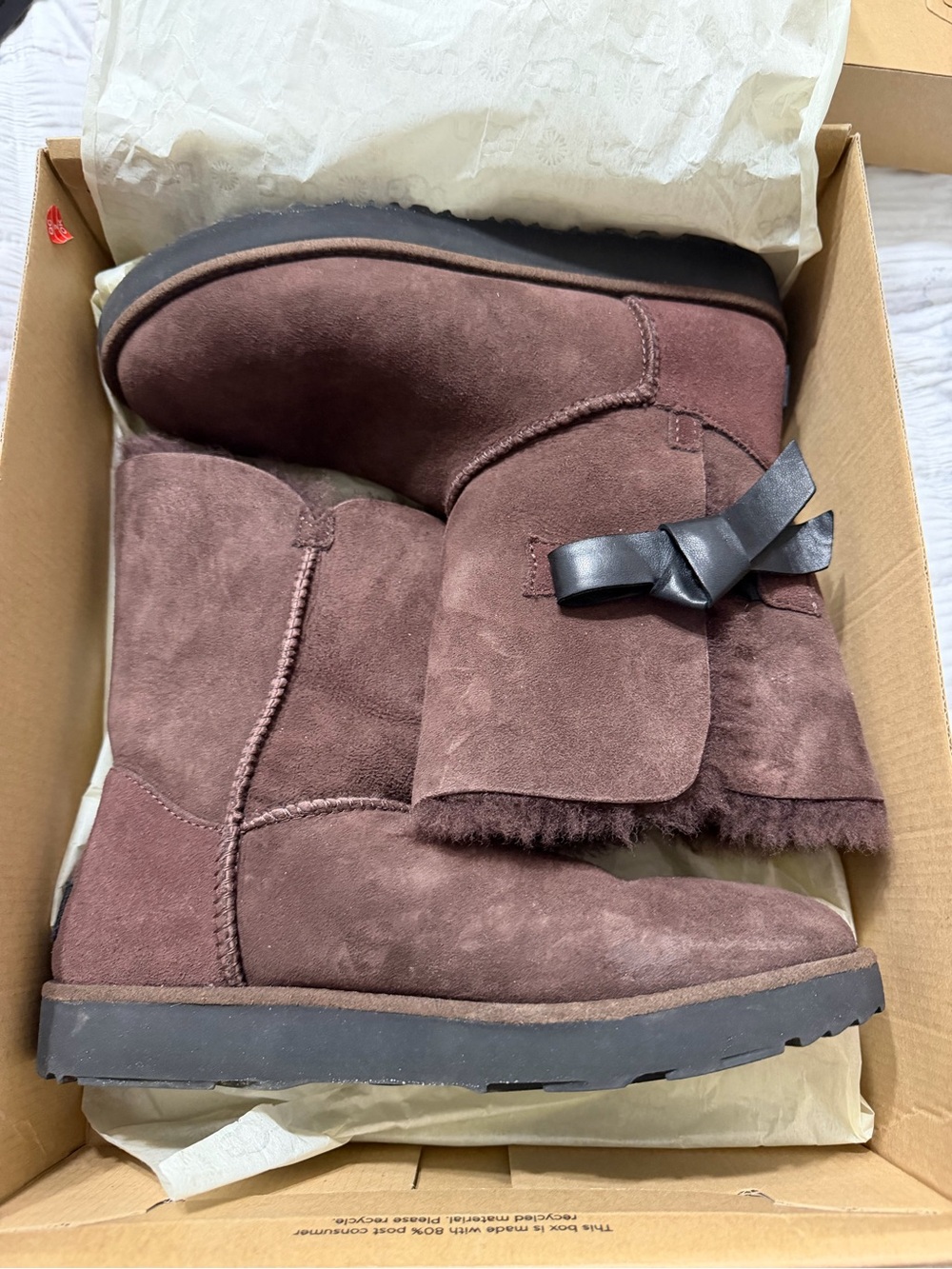 UGG Chocolate Brown Suede Mid-Calf Boots with Bow